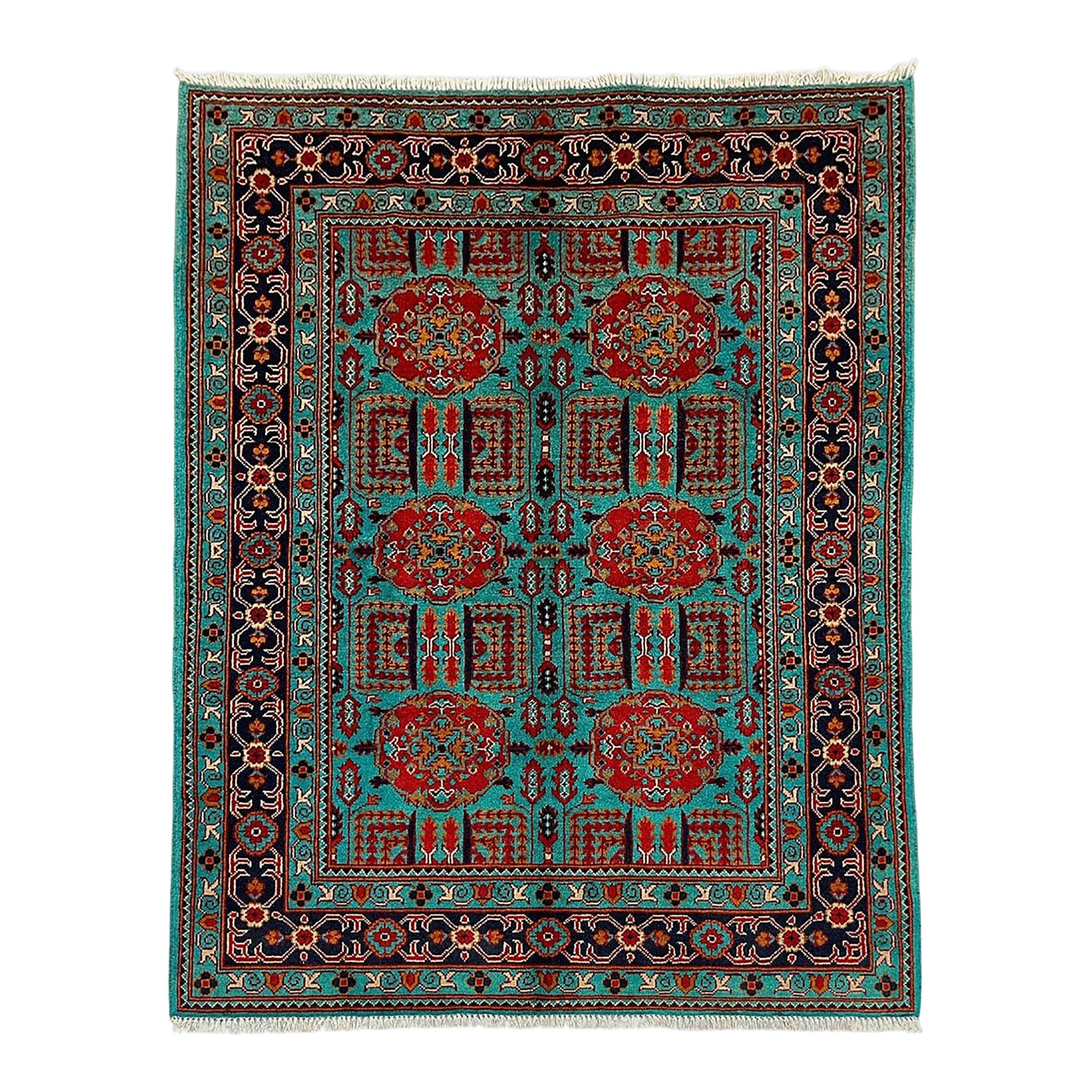 Turquoise Tree of Life Tribal Wool Area Rug, 4'11