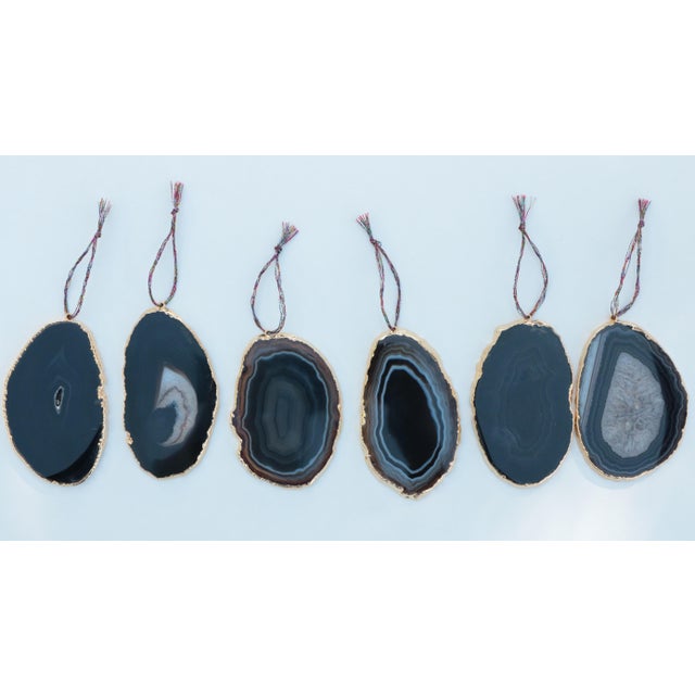 Gold Plated Agate Slice Christmas Ornaments in Black - Set of 6 For Sale - Image 4 of 4