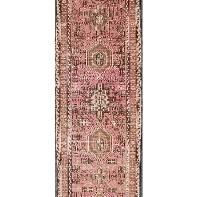 Long Narrow Persian Heriz Runner With Tribal Design in Pink and Taupe 2'5 X 15'5 For Sale - Image 4 of 13