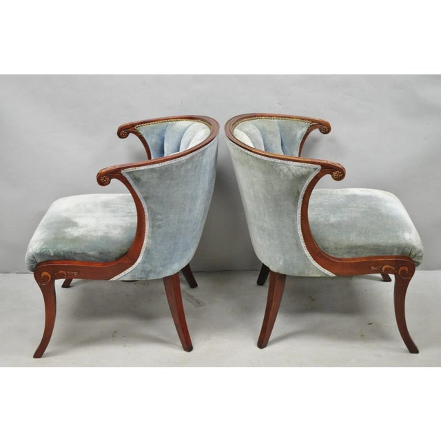 Vintage French Hollywood Regency Mahogany Saber Leg Parlor Lounge Chair - A Pair For Sale - Image 12 of 16