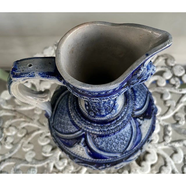 Mid 19th Century German Renaissance Revival Style Westerwald Salt Glazed Stoneware Coat of Arms Motif Satyr Spout Bulbous Footed Ewer For Sale - Image 9 of 11