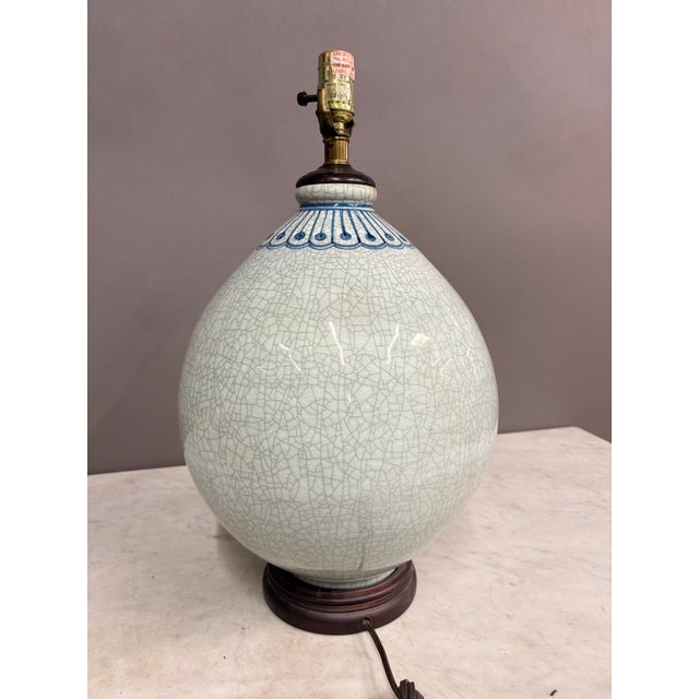 Blue Late 20th Century Large Vase Crackle Glaze Hand Painted Pottery Lamp For Sale - Image 8 of 10