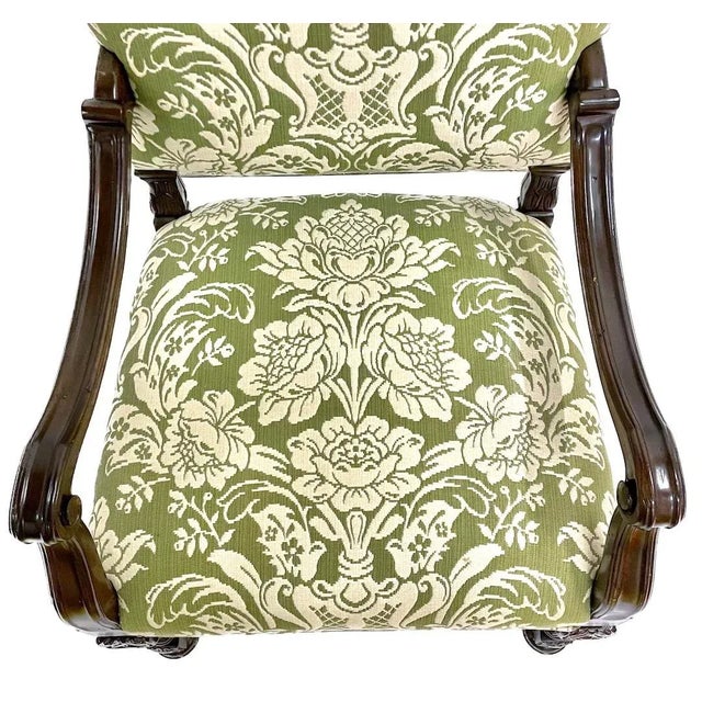 Vintage Carved & Green Floral Damask Armchair For Sale In Atlanta - Image 6 of 12