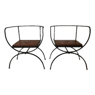 Mid Century Modern Style Minimalist Black Wrought Iron Occasional Chairs, a Pair For Sale