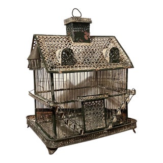 Antique 19th Century French Tole & Wire Victorian House Form Bird Cage For Sale