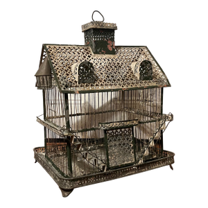 Antique 19th Century French Tole & Wire Victorian House Form Bird Cage