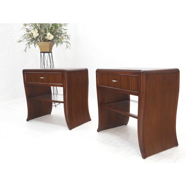 Pair Century Walnut Waterfall Brand New Old Stock Two Tier End Side Tables Stand For Sale - Image 13 of 17