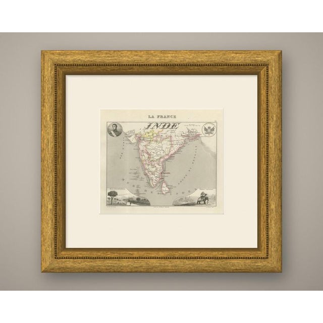 A map of India centred on the French establishments, with Pondichery, Chandernagor near Calcutta, Karikal and the other...