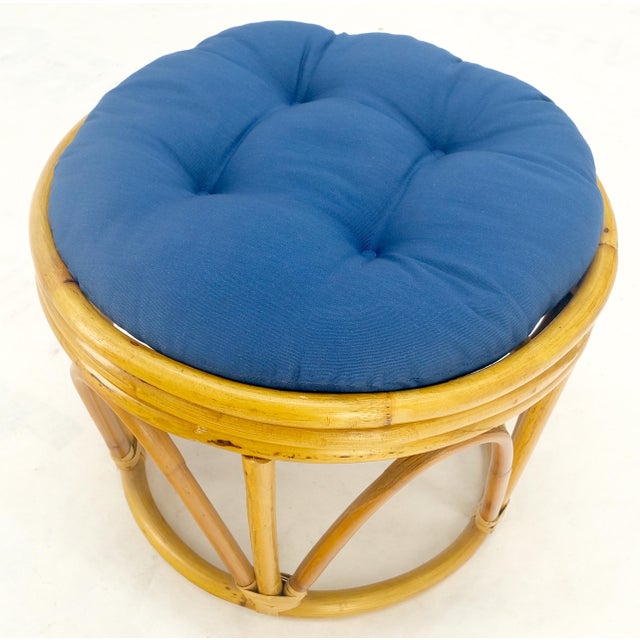 Wood Round Mid Century Modern Blue Upholstery Ottoman Foot Stool Bench Pouf MINT! For Sale - Image 7 of 9