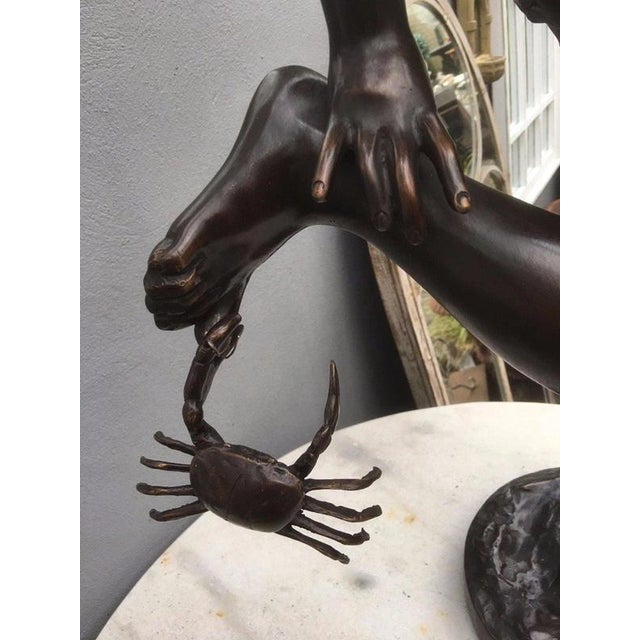 Italian Bronze Boy with Crab Figural Garden Sculpture For Sale - Image 3 of 12