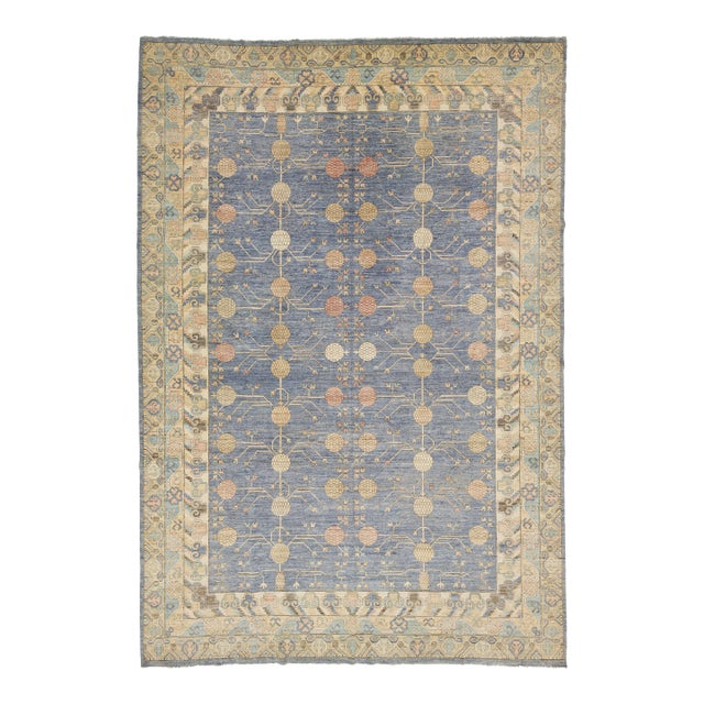 13 X 19 Blue Modern Khotan Style Handmade Wool Rug With Allover Pattern For Sale