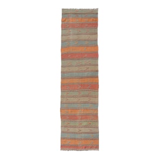 Turkish Kilim Vintage Runner With Coral, Sage, Orange and Beige Stripes For Sale
