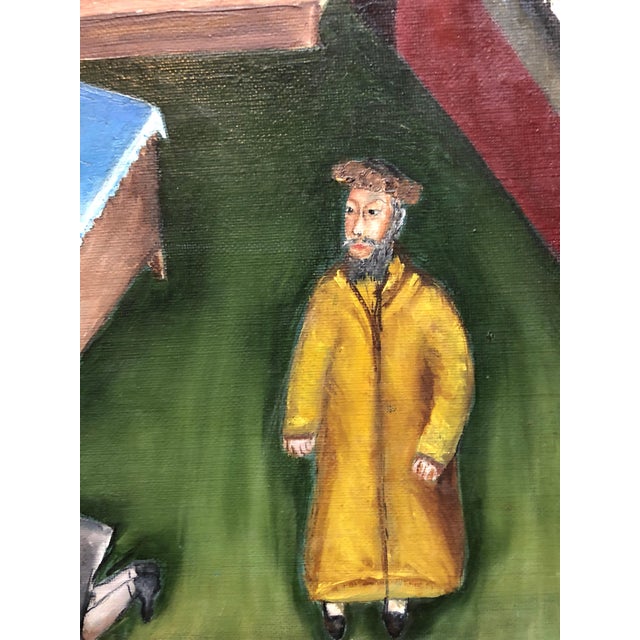 Yitzchak Roman, Israeli Judaica Folk Art Oil Synagogue Interior Malkos Lashes Erev Yom kippur, 1968 For Sale - Image 4 of 8