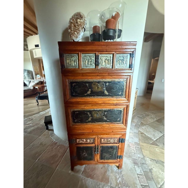 Chinoiserie Vintage Asian Chinoiserie Lacquered Wood Tall Cabinet With Brass Decorative Panels For Sale - Image 3 of 8
