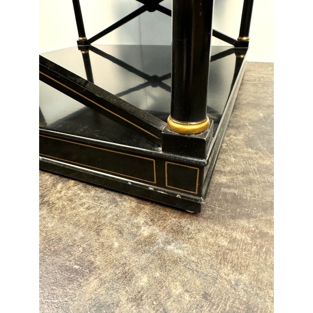 1990s Vintage Neoclassical Black Lacquered Mirrored Three-Tier Etagere With Gold Gilt Detailing For Sale - Image 9 of 10