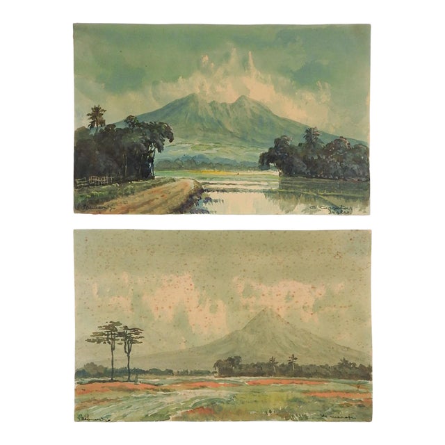 Vintage Indonesian Watercolor Landscape Paintings - a Pair For Sale