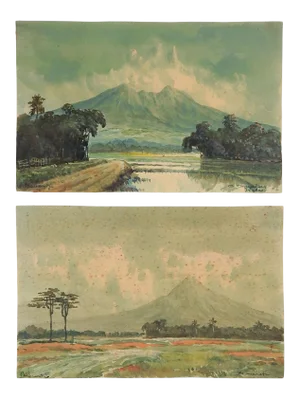 Vintage Indonesian Watercolor Landscape Paintings - a Pair