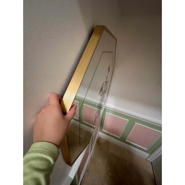 Mid-Century Modern Octagon Brass Etched Colored Floral Mirror, Circa 1970 For Sale - Image 3 of 8