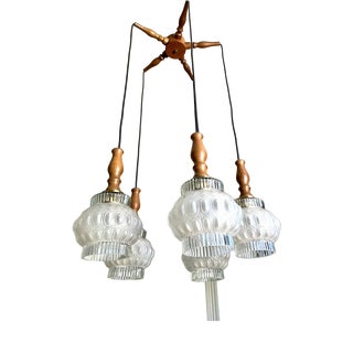 Five-Light Cascading Chandelier in Wood and Brushed Glass, 1960 For Sale