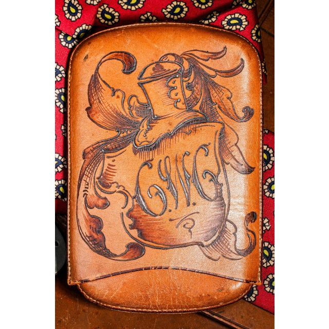 American Fantastic Hand Tooled Antique Leather Cigar Case Knight Helmet Shield & Monogram Atlantic City New Jerse For Sale - Image 3 of 11