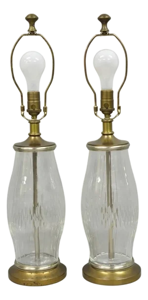 Vintage Bombay Co. Cut Crystal Glass Jardiniere & Brass Table Lamps - A Pair