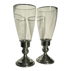 1950s Pewter Candle Holder Glass Hurricane Globes- Set of 2
