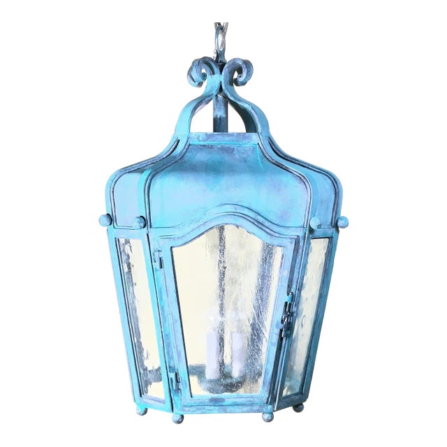 Exquisite Vintage Verdigris Hand -Forge Iron Hanging Lantern For Sale