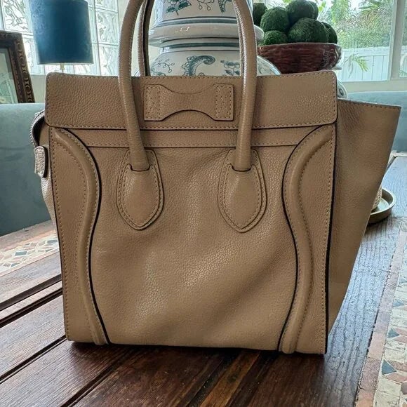 Animal Skin Late 20th Century Celine by Phoebe Philo Taupe Dune Neutral Drummed Calfskin Micro Luggage Tote Bag For Sale - Image 7 of 16