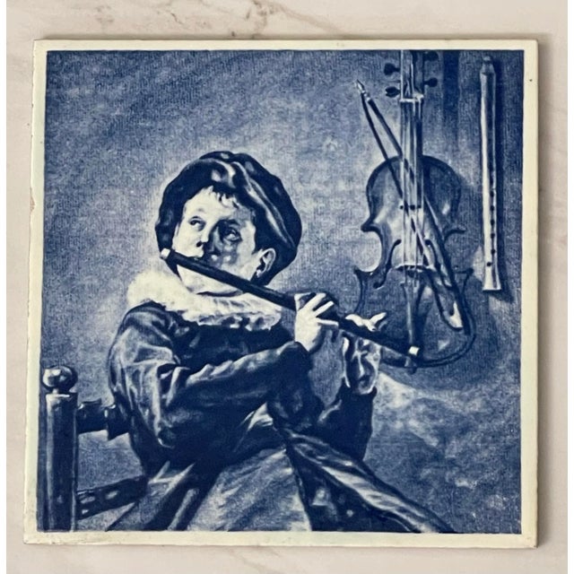19th Century Delft Hand Painted Holland Tile With the Flute Player in Wood Frame For Sale - Image 10 of 12