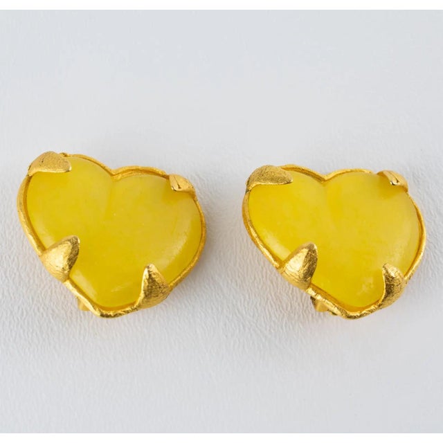 Edouard Rambaud Edouard Rambaud Paris Citrus Yellow Acrylic Gilded Heart Clip-on Earrings For Sale - Image 4 of 9