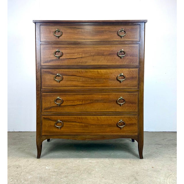 Mid 20th Century Baker Furniture Walnut /Satinwood Bow Front Tall Dresser Chest of Drawers For Sale - Image 12 of 12