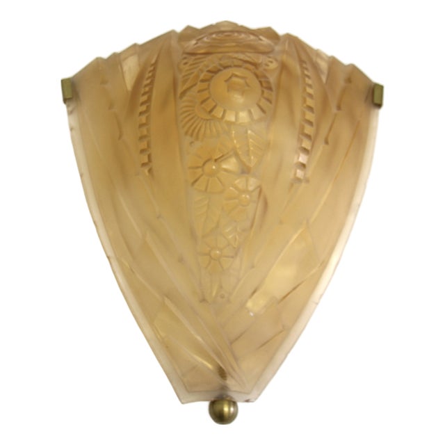 French Art Deco Sconce with Brass Fixture and Glass Shade, 1930s For Sale