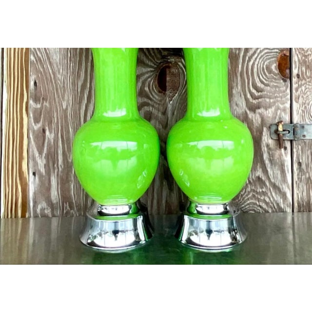 Vintage Regency Apple Green Glazed Ceramic Lamps - a Pair For Sale - Image 12 of 12