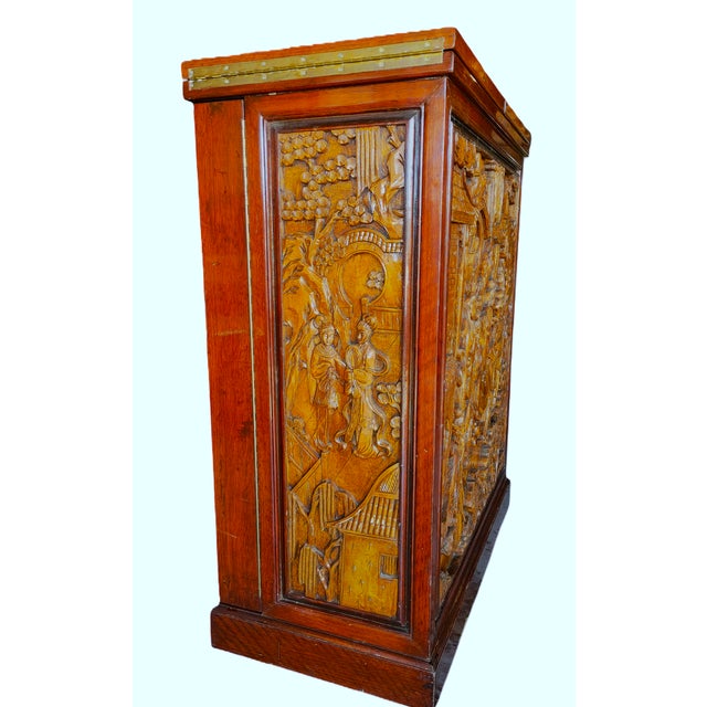 Brown Asian Chinese Hand Carved Dry Bar Folding Flip Top 20th Century For Sale - Image 8 of 16