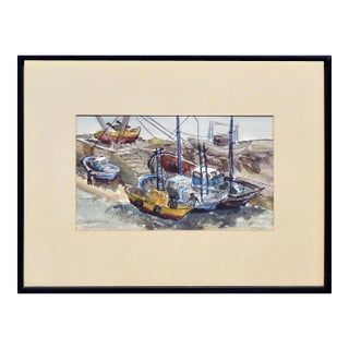Vintage Figurative Landscape of Peniche, Portugal Harbor Boats by Buford Crossland For Sale