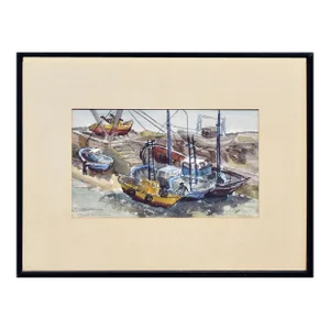Vintage Figurative Landscape of Peniche, Portugal Harbor Boats by Buford Crossland