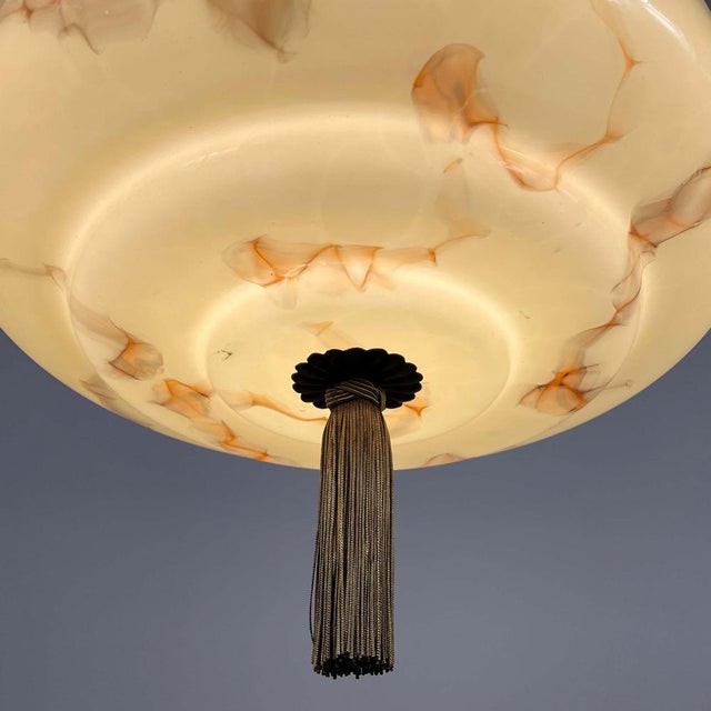 Art Deco Cream Marbled Opaline and Burnished Metal Tassel Pendant Light, 1930 For Sale - Image 14 of 18