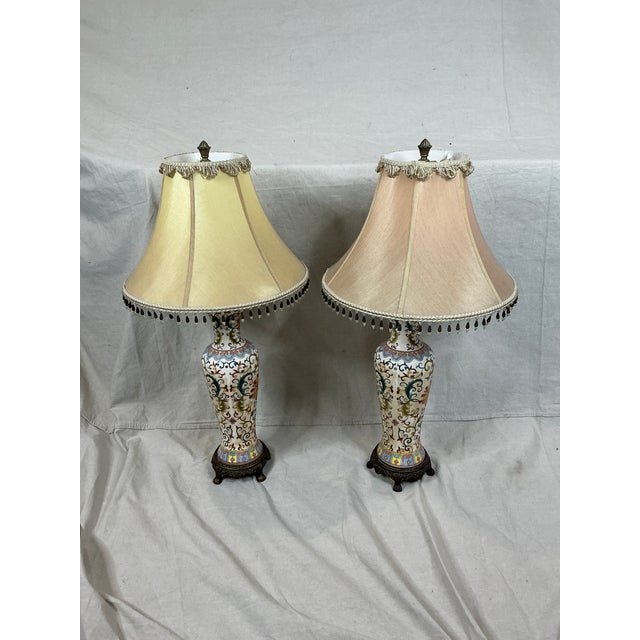 1970s Bombay Table Lamps Porcelain White Floral Oriental Accent Fringe Shades Set of 2 For Sale - Image 13 of 17