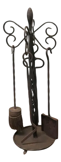Round Wrought Iron Fireside Companion Tool Set, 1920, Set of 3