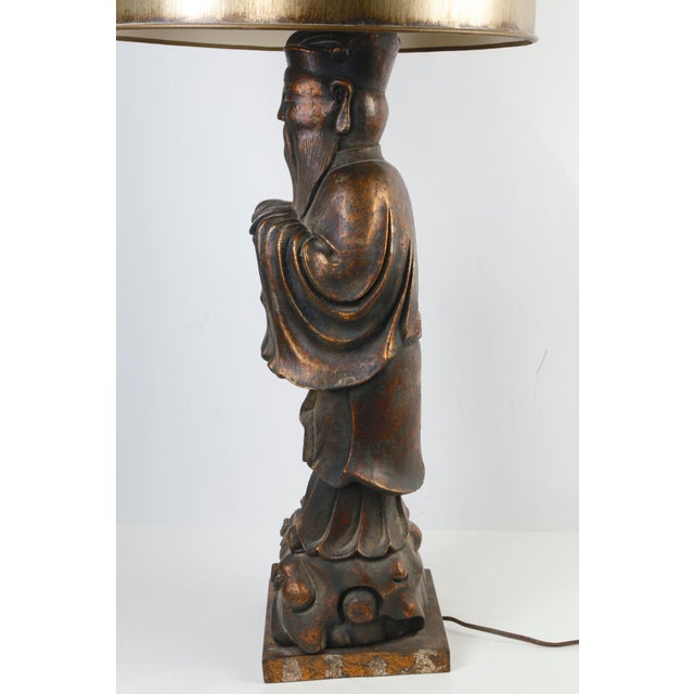 Mid 20th Century Vintage James Mont Style Confucius Figural Table Lamp | Hollywood Regency Asian Sculpture 40” For Sale - Image 5 of 11