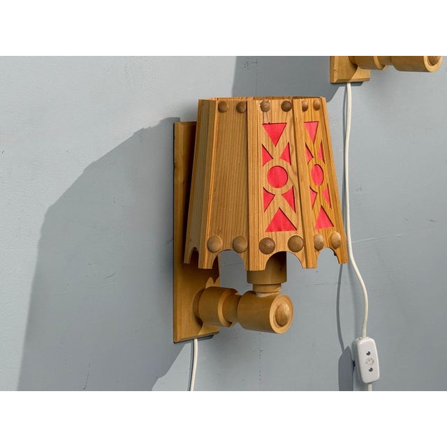 Wood Swedish Modern, Wall Lights, Pine, Red Textile, Sweden, 1970s For Sale - Image 7 of 8