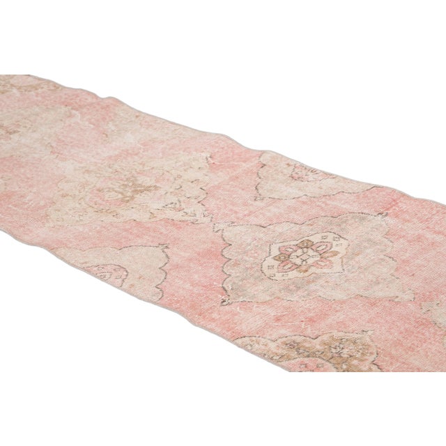 Vintage Turkish Pink and Beige Handmade Medallion Floral Wool Runner For Sale - Image 4 of 10