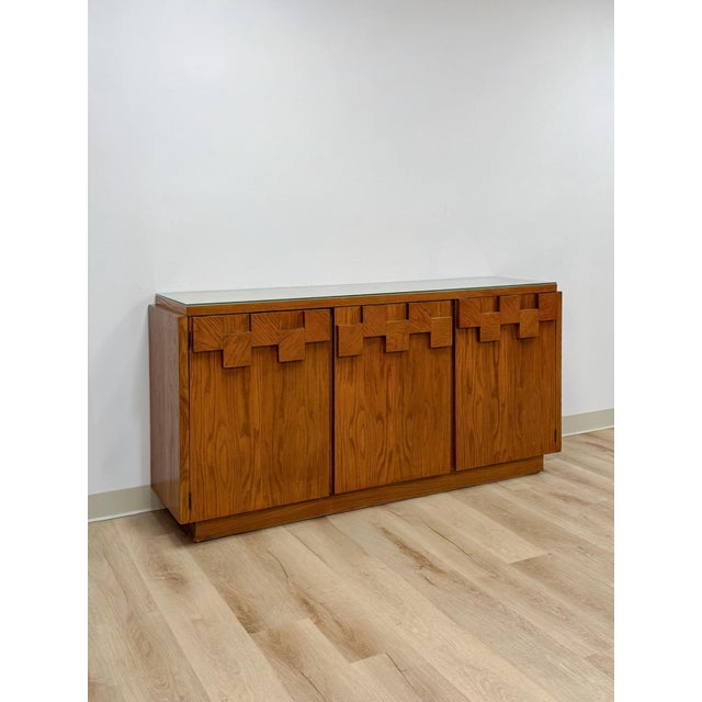 This striking vintage Lane Staccato brutalist MCM buffet is one of the most actively collected and sought after mid-...