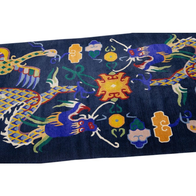 Blue Chinese Vintage Peking Handmade Wool Rug With Mullticolor Dragon Design For Sale In New York - Image 6 of 7