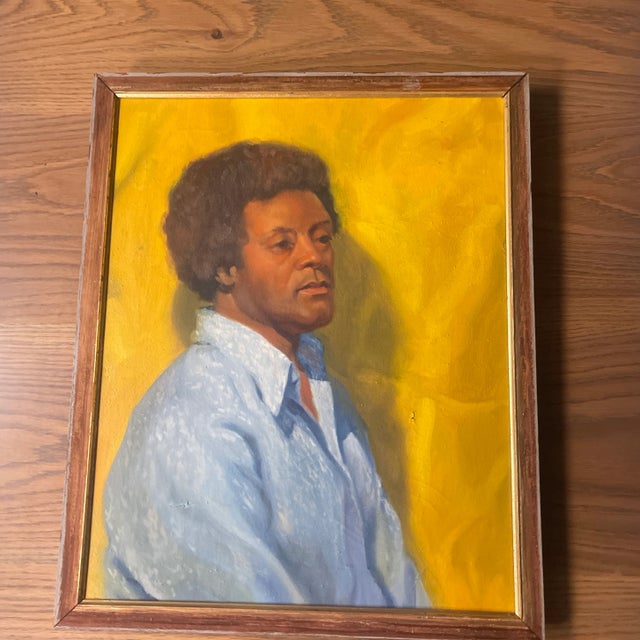Textile Vintage Mid Century Oil Portrait – African American Male Figure on Yellow Background, Framed (1960s–1970s) For Sale - Image 7 of 10