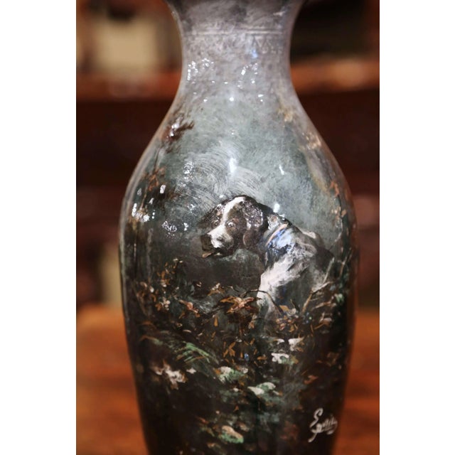 Gray 19th Century French Saint Amand Painted Ceramic Vases With Dog Motifs by Petit For Sale - Image 8 of 12