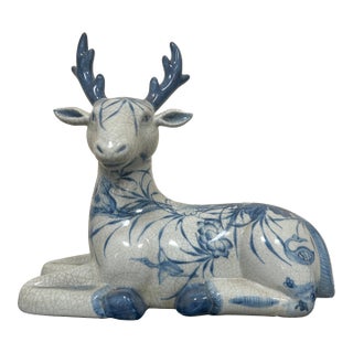 Late 20th Century Thai Blue and White Ceramic Deer For Sale