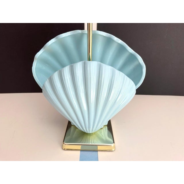 Sky Blue Ceramic Shell Lamp & Shade, C1970 For Sale - Image 9 of 18