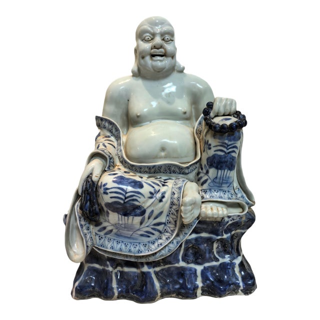 Chinese Vintage Ceramic Buddhist Sculpture,Hand Carved Blue and White Porcelain the Eighteen Arhats Statue For Sale