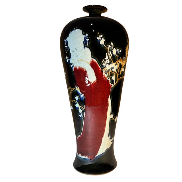 Vintage 23 In. Tall Black Porcelain Palace Vase Lady Courtesan in Enamel Relief For Sale - Image 17 of 18